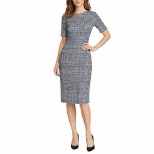 St John Knit Tweed Midi Dress Navy Blue White Black Short Sleeve Size 14